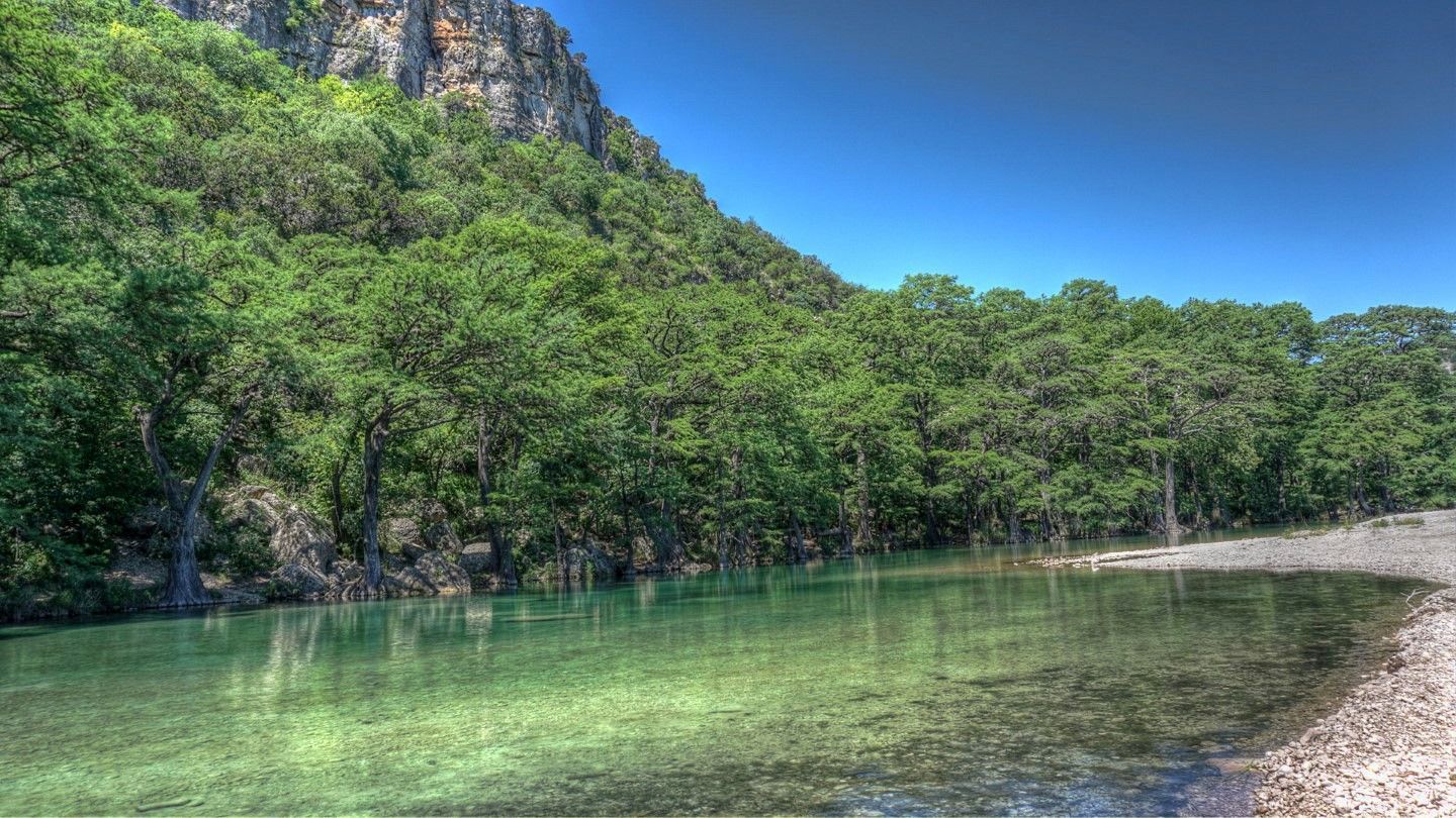 A river surrounded by trees and rocks in the middle of a forest.
