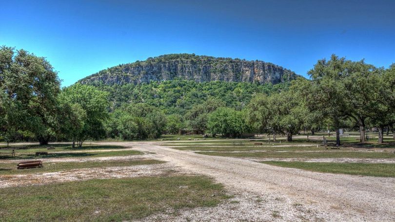 A dirt road going through a park with trees and a mountain in the background.