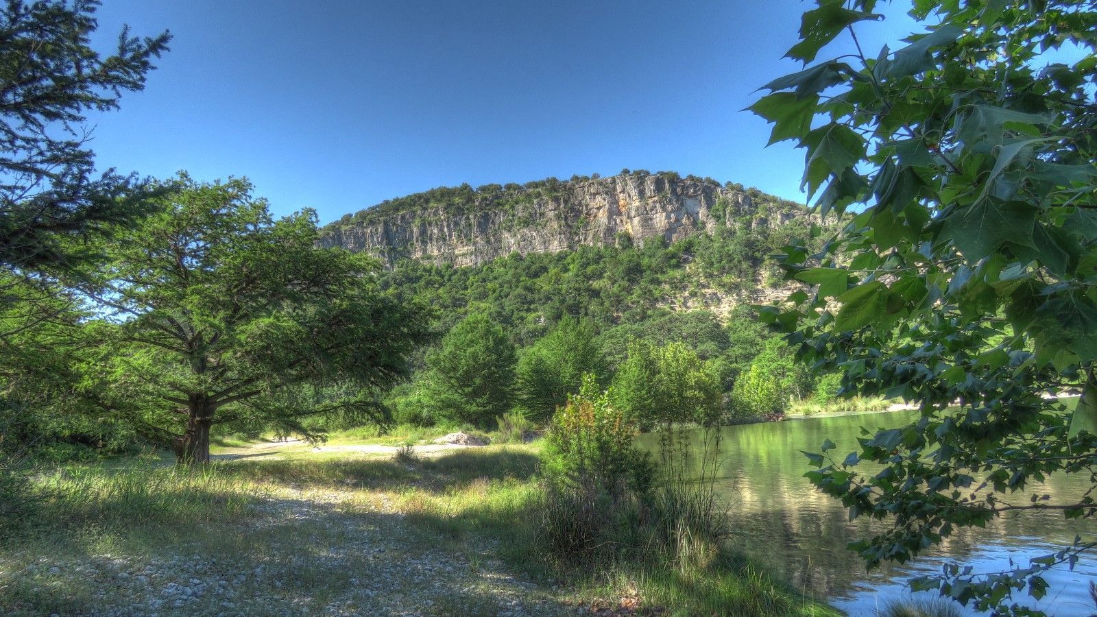 A lake in the middle of a forest with a mountain in the background.