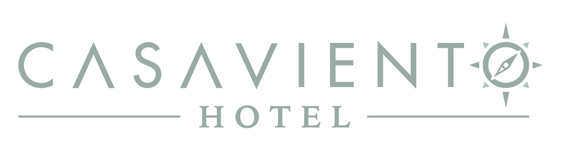 El logo del hotel casaviento es gris y tiene una brújula.