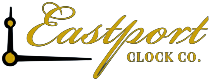 The logo for Eastport Clock Co. features elegant, gold-toned text with a stylized clock hand element on the left side.