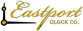 The logo for Eastport Clock Co. features elegant, gold-toned text with a stylized clock hand element on the left side.