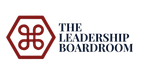 The Leadership Boardroom logo in maroon and black with a hexagon emblem and stylized monogram.