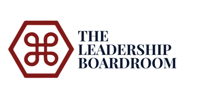 The Leadership Boardroom logo in maroon and black with a hexagon emblem and stylized monogram.