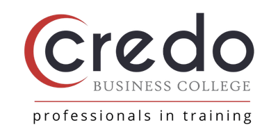 Credo Business College logo with red and gray text and the tagline “professionals in training”