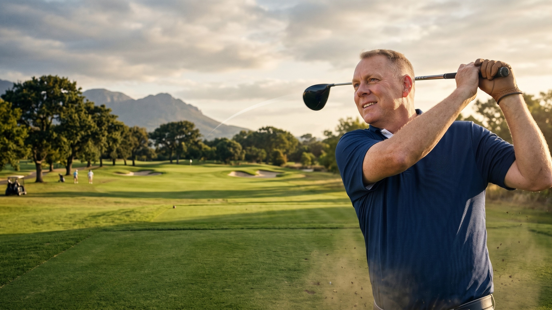 Golfer swinging a club on a green course with mountains in the background