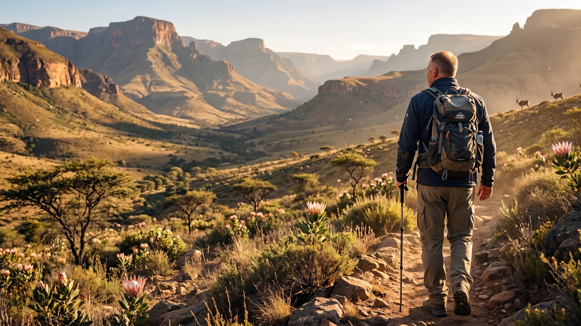 Hiker with backpack and trekking poles overlooking a sunlit desert canyon at sunrise.