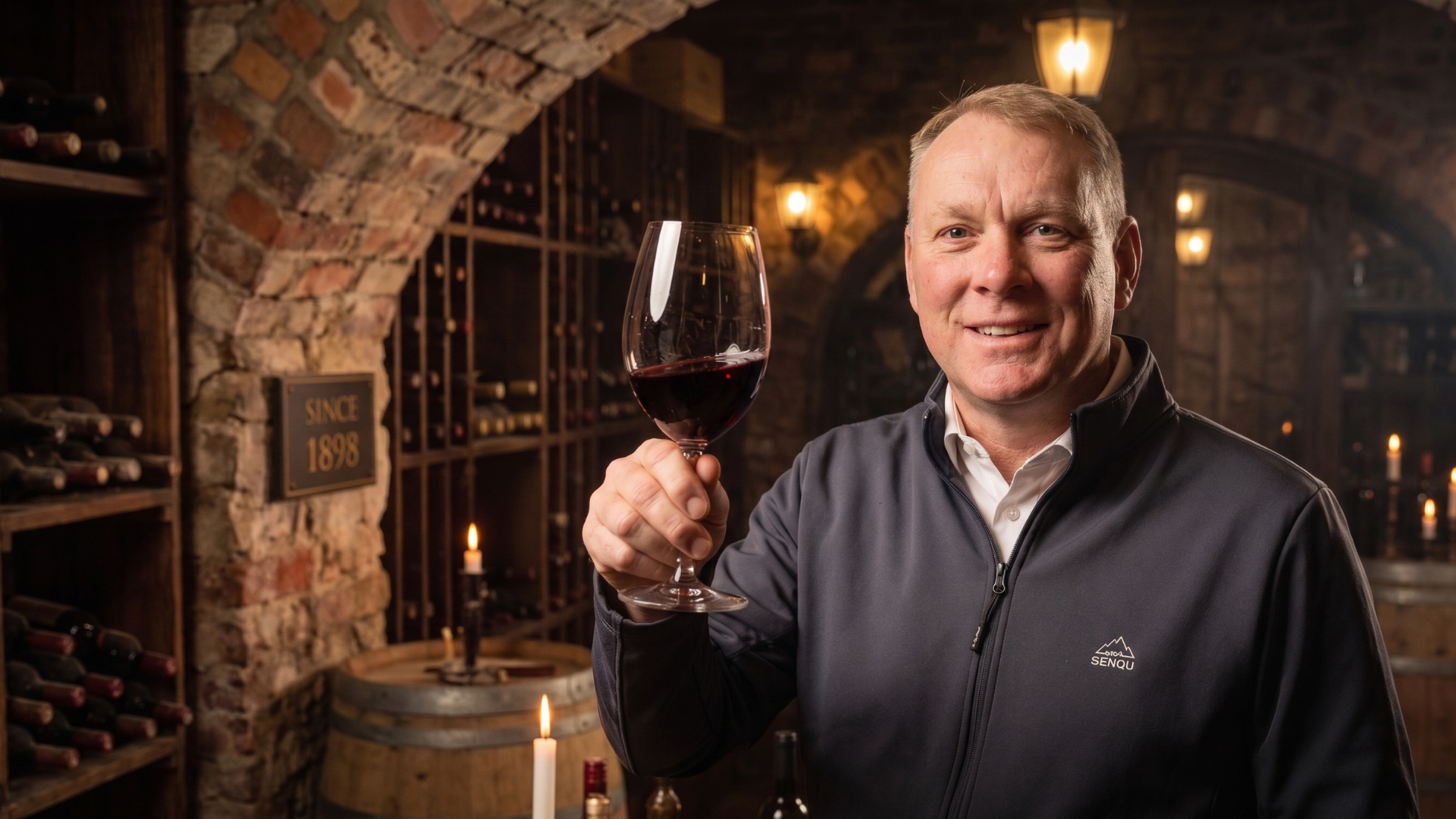 Man smiling and holding a glass of red wine in a brick wine cellar under warm lighting
