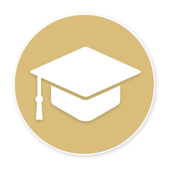 White graduation cap icon inside a gold circle with a tassel on the left