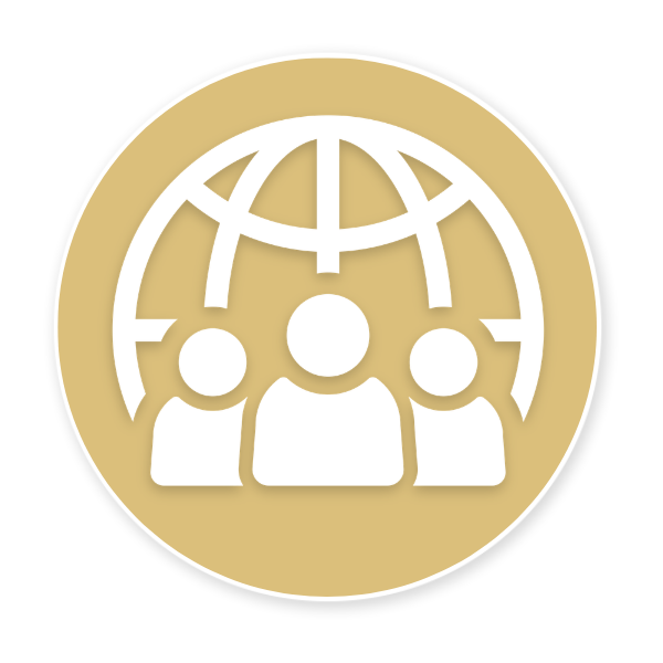 Gold circular icon of three people beneath a globe outline, suggesting global community or network