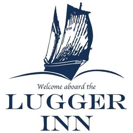 Navy blue logo for Lugger Inn: a sailboat over a wave, text