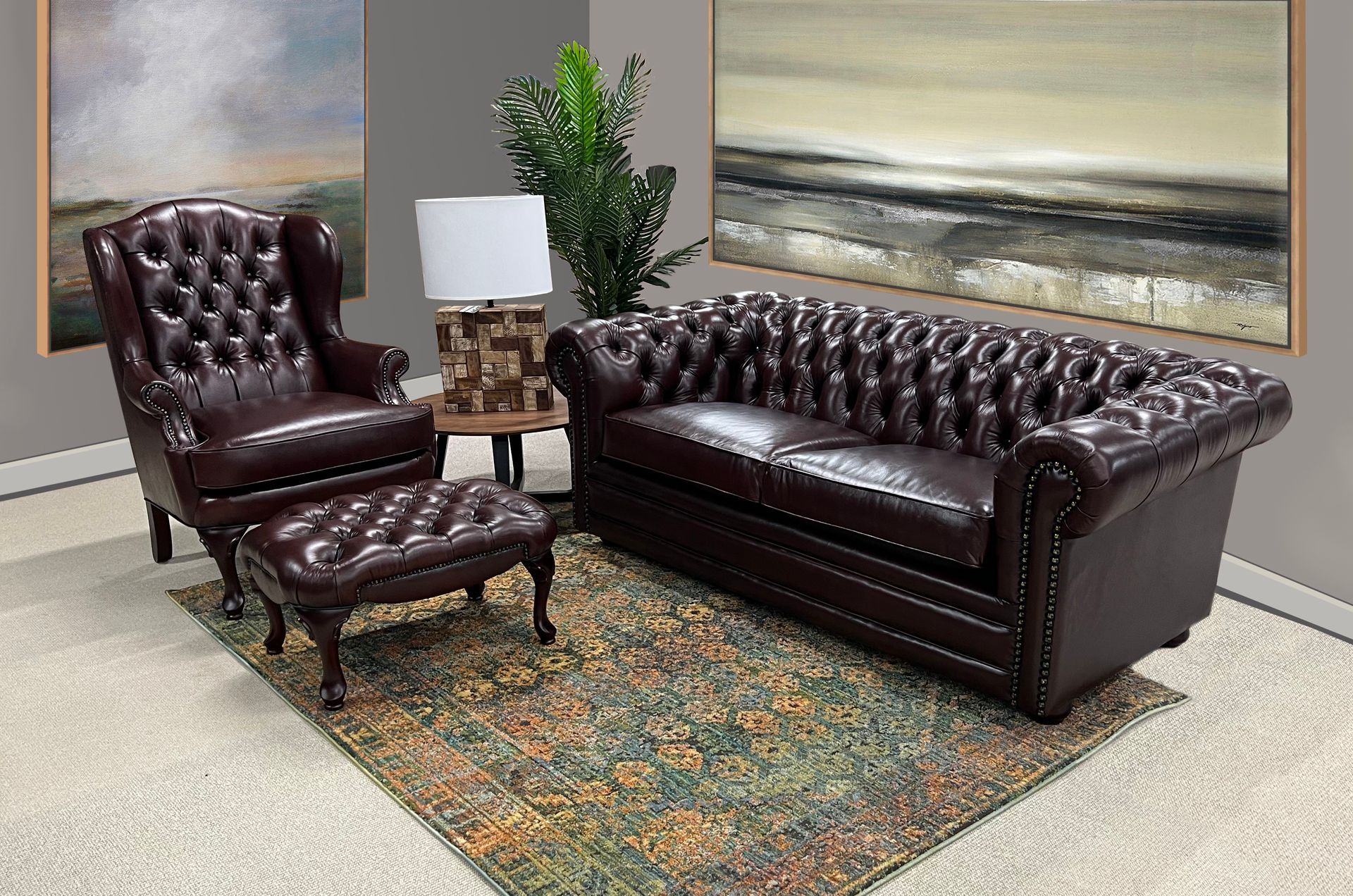 Moran Chesterfield Wellington Sofa and Romsey chair in leather
