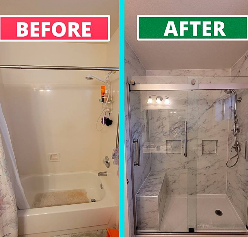 Before-and-after of a bathroom shower renovation. White marble tile, new glass door, built-in bench.