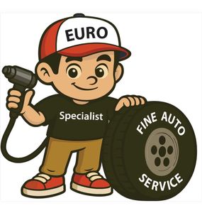 Cartoon auto specialist holding a wrench beside a tire labeled “FINE AUTO SERVICE” and a cap marked “EURO”