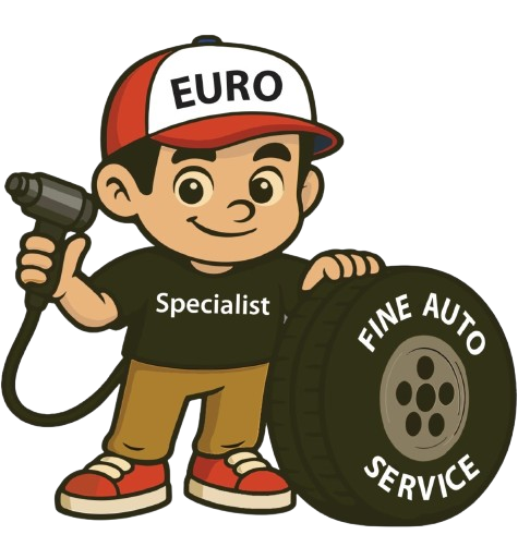 Cartoon auto service specialist holding a wrench beside a tire logo, wearing a red-and-white EURO cap.