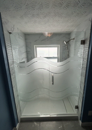Bright white bathroom with a glass shower, tub, and stained-glass window over the sink.