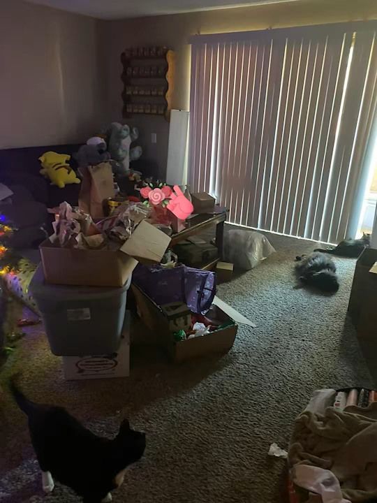 A living room not organize  with lots of boxes and toys ready to move out. 
