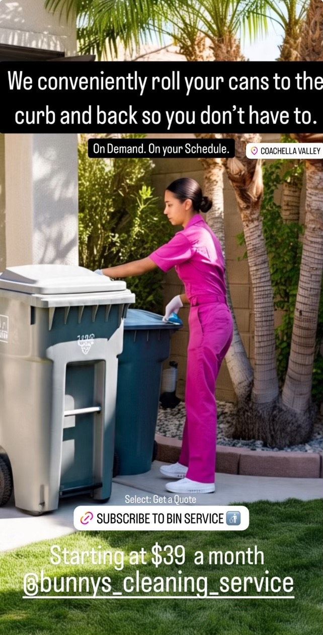 Image of Bunny's Cleaning Services cleaning a trash bin while at a client's house providing cleaning services. 