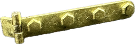 A close up of a gold object on a white background.