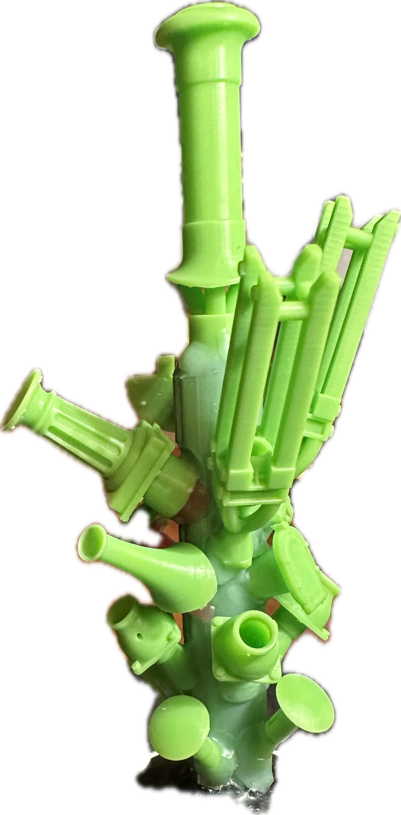 A green pipe with a bunch of tubes coming out of it.