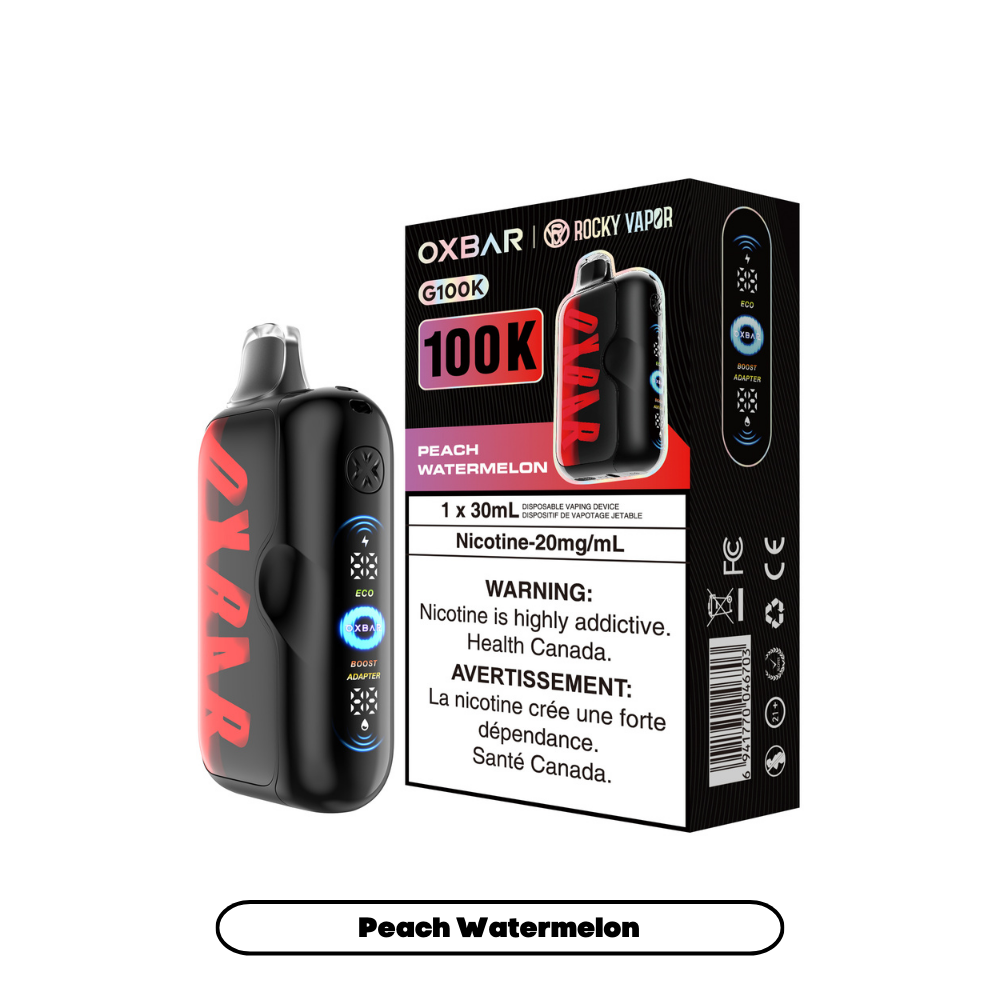 Black OXBAR vape device and Peach Watermelon box packaging with 100K label