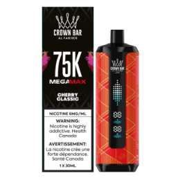 Crown Bar 75K Mega Max Cherry Classic vape device and packaging, black with red accents