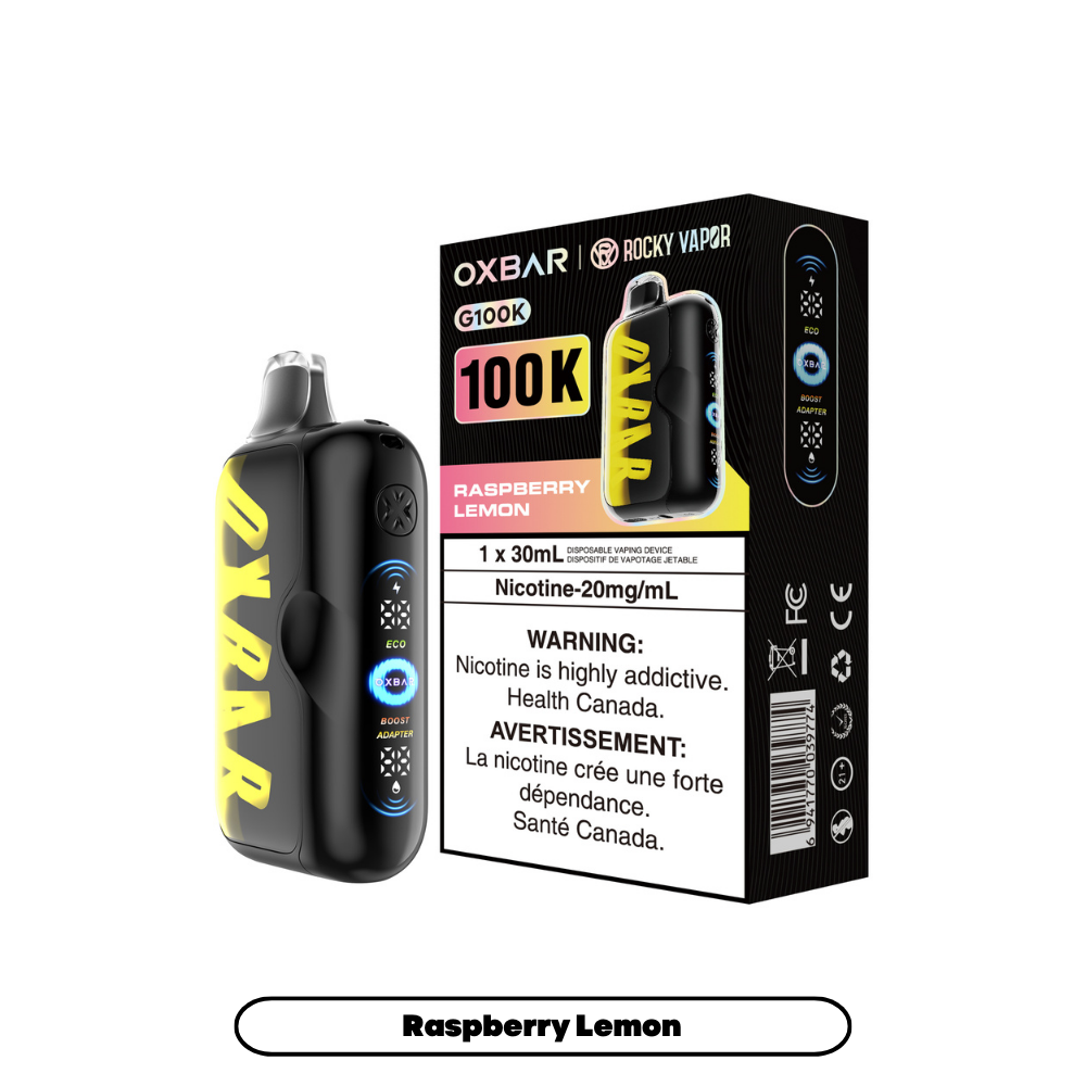 OXBAR 100K disposable vape, black with yellow accents, raspberry lemon flavor packaging and device