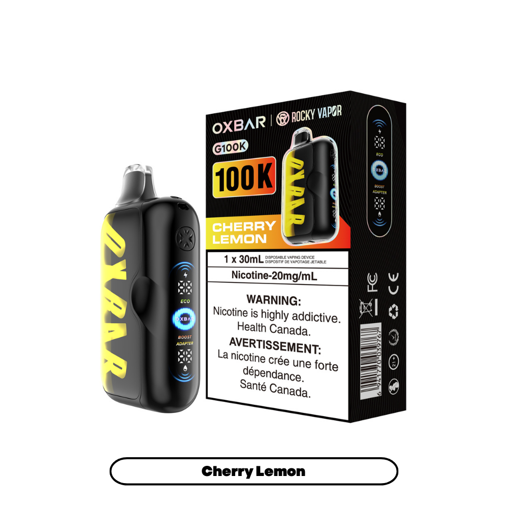 Black disposable vape with yellow accents beside Cherry Lemon Oxbar box packaging