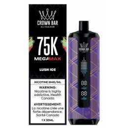 Crown Bar 75K MegaMax Lush Ice nicotine vape, black and purple packaging and device with warning label