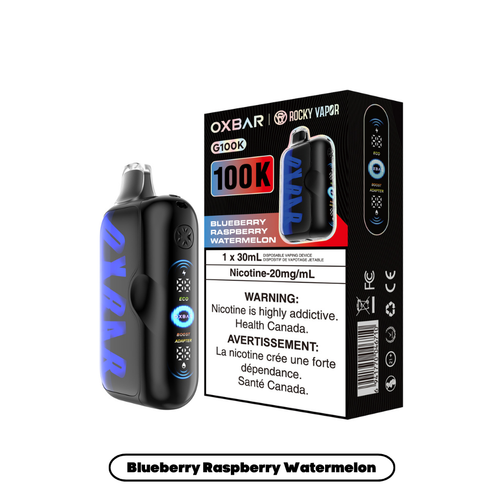 Black vape device and box with blue accents, labeled 100K and blueberry raspberry watermelon flavor.