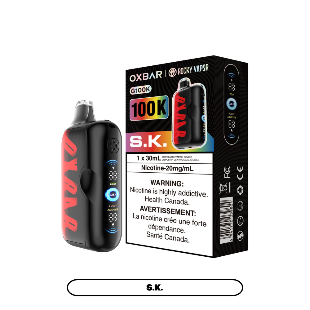 Black OXBAR vape device and S.K. nicotine salt e-liquid box with red and blue accents