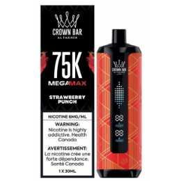 Crown Bar 75K Megamax strawberry punch disposable vape, black and red packaging and device.