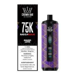 Crown Bar 75K Mega Max disposable vape in black with purple geometric design and product label.