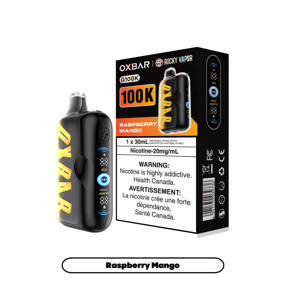 Black and orange OXBAR 100K Raspberry Mango vape with box packaging and fruit flavor label