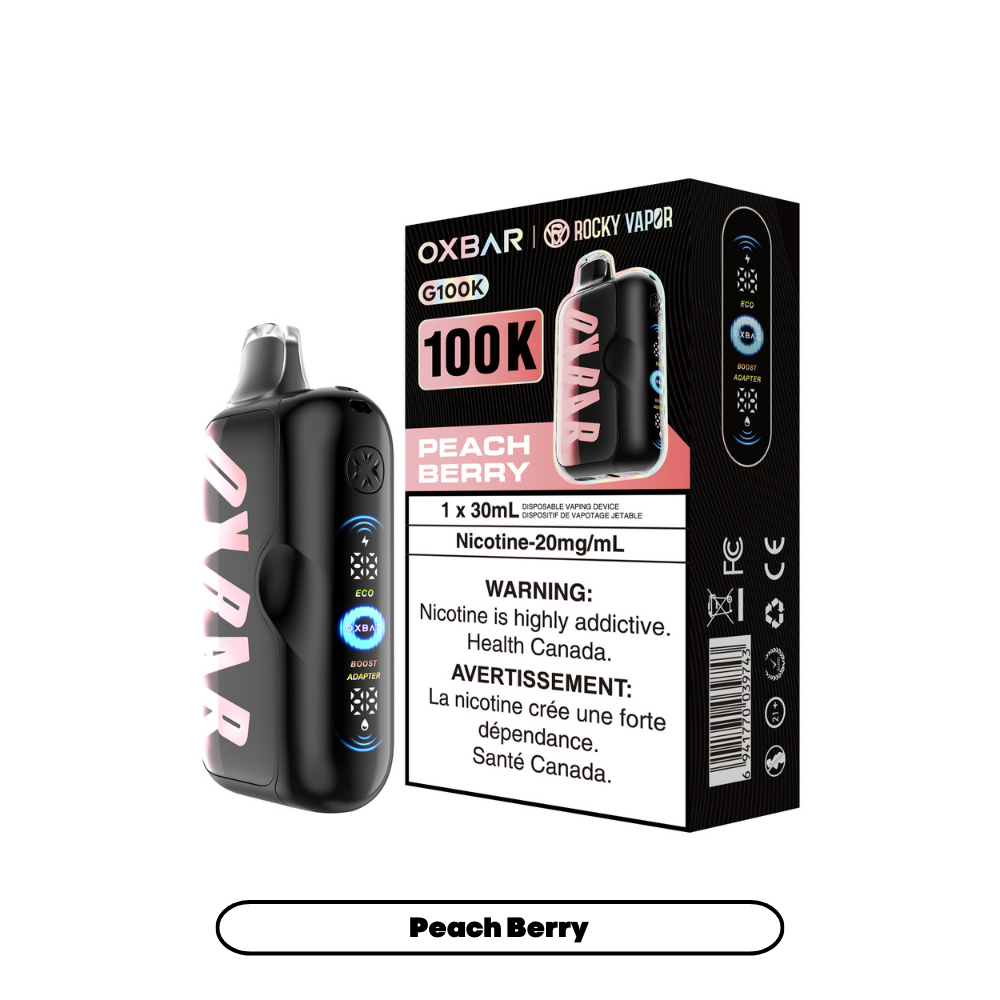 Black Peach Berry vape device and box with pink accents, labeled 100K and 1% nicotine.
