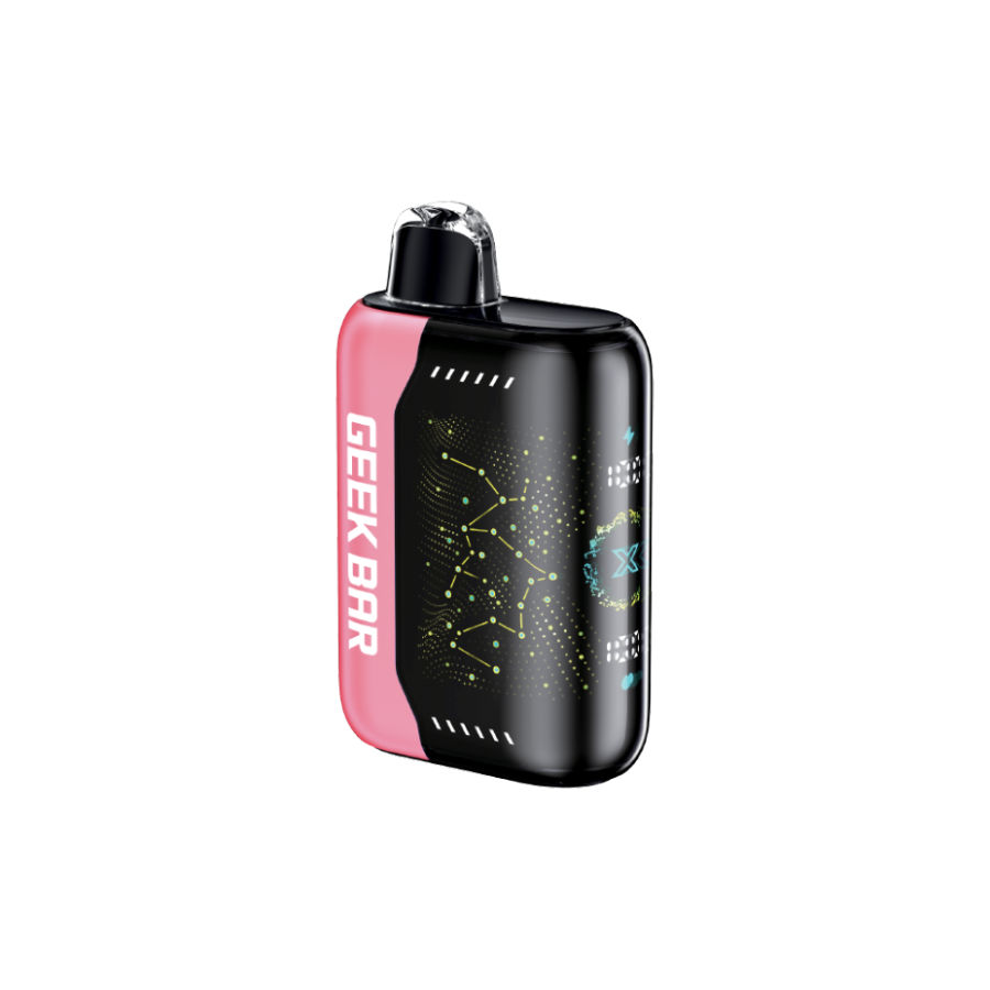 Pink and black GeekBar vape device with a black mouthpiece and starry design