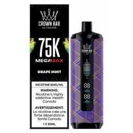 Crown Bar 75K MegaMax grape mint vape device and box, black and purple packaging.