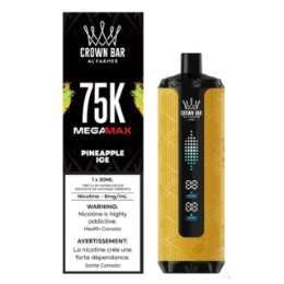 Crown Bar 75K Mega Max pineapple ice vape package and gold disposable device on black background