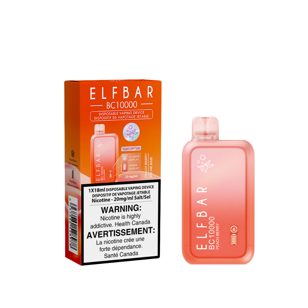 Orange ELFBAR BC10000 vape device and box with warning label, shown on a white background