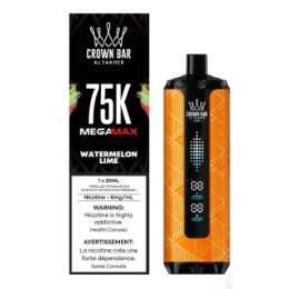 Crown Bar 75K Mega Max watermelon lime vape device and package, black with orange accents