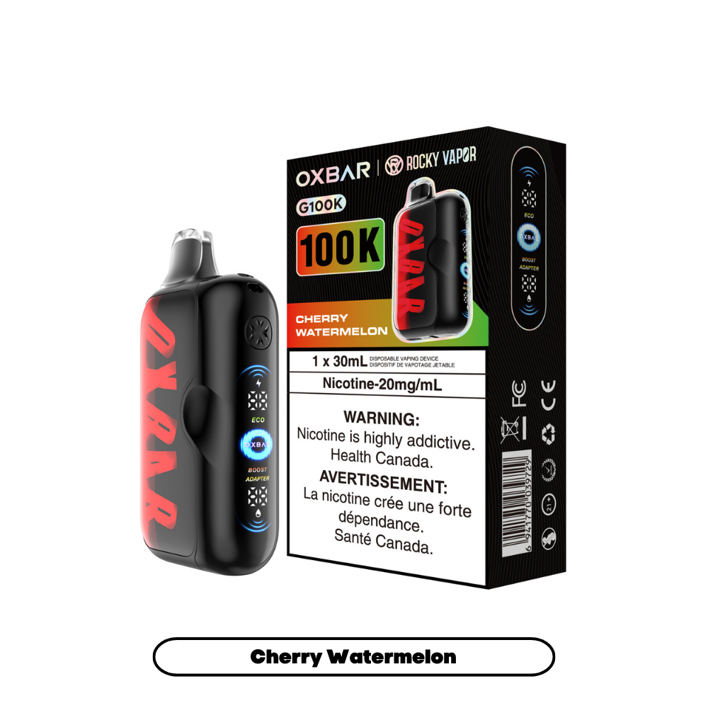 Black vape device and OXBAR box labeled Cherry Watermelon on white background