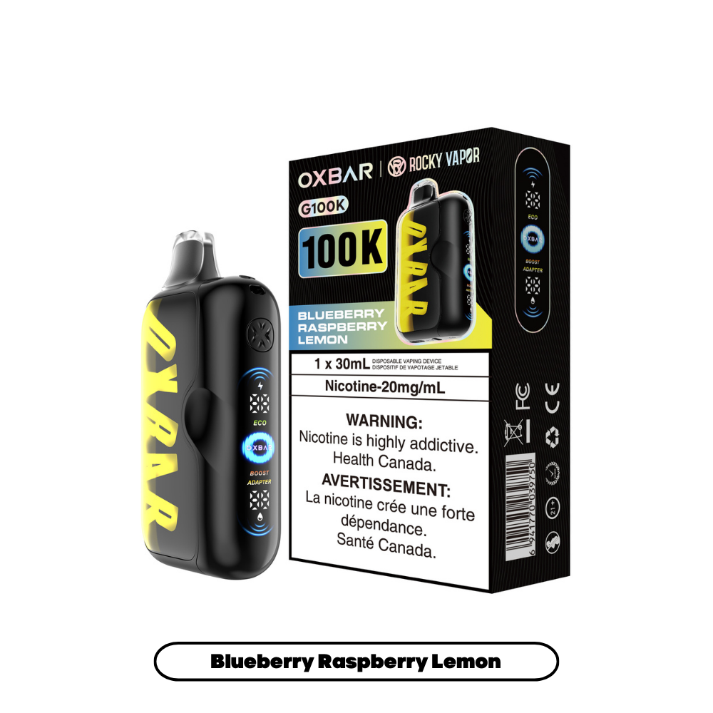 Black vape device and box labeled OXBAR 100K, blueberry raspberry lemon flavor, on white background