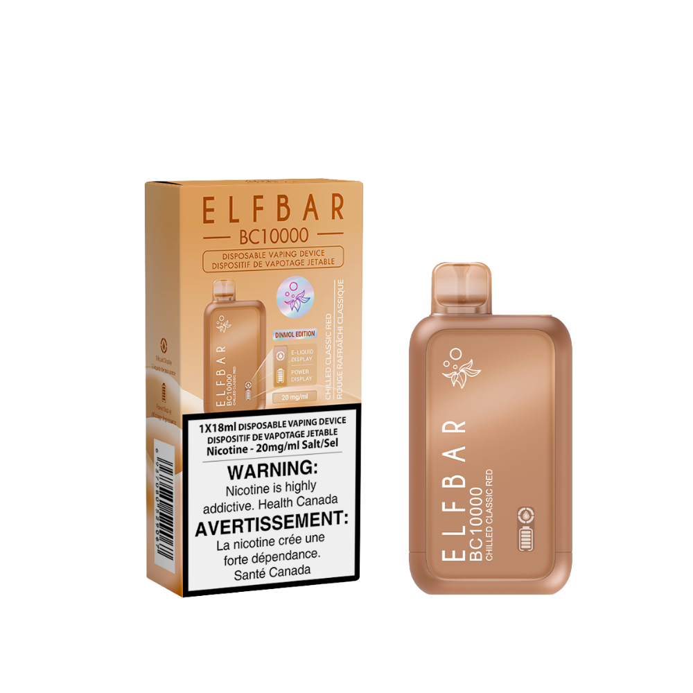 ELFBAR BC10000 disposable vape in gold packaging with warning label and matching device