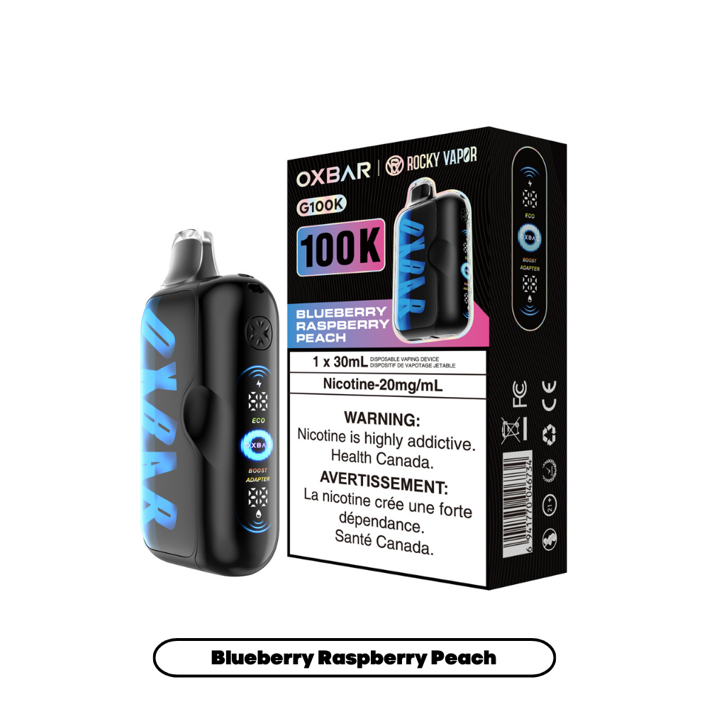 OXBAR 100K vape device and box, black with blue accents, blueberry raspberry peach flavor