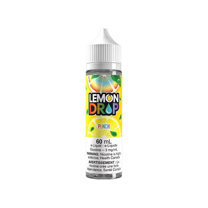 Lemon Drop e-liquid bottle with colorful label and white cap on a white background