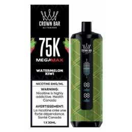 Crown Bar 75K MegaMax Watermelon Kiwi nicotine vape, black and green packaging with device shown beside box