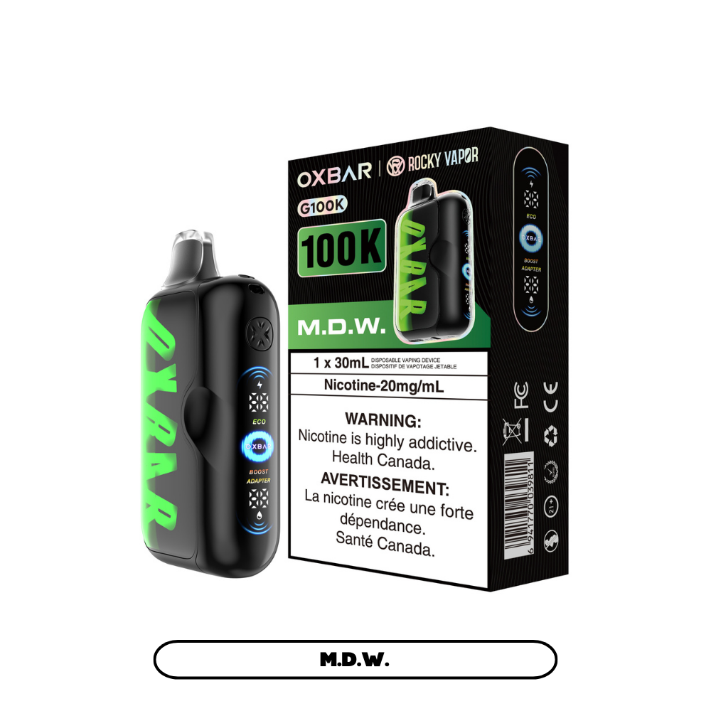 Black OXBAR MDW vape device and box with green accents, 100K label, on white background