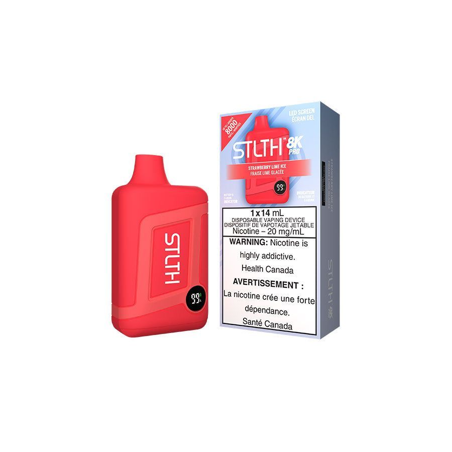 Red vape device and STLTH e-liquid box, both in red and white packaging.