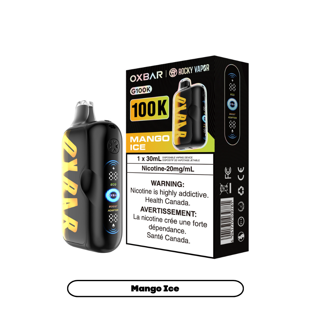 Black vape device and Mango Ice product box with yellow accents on white background