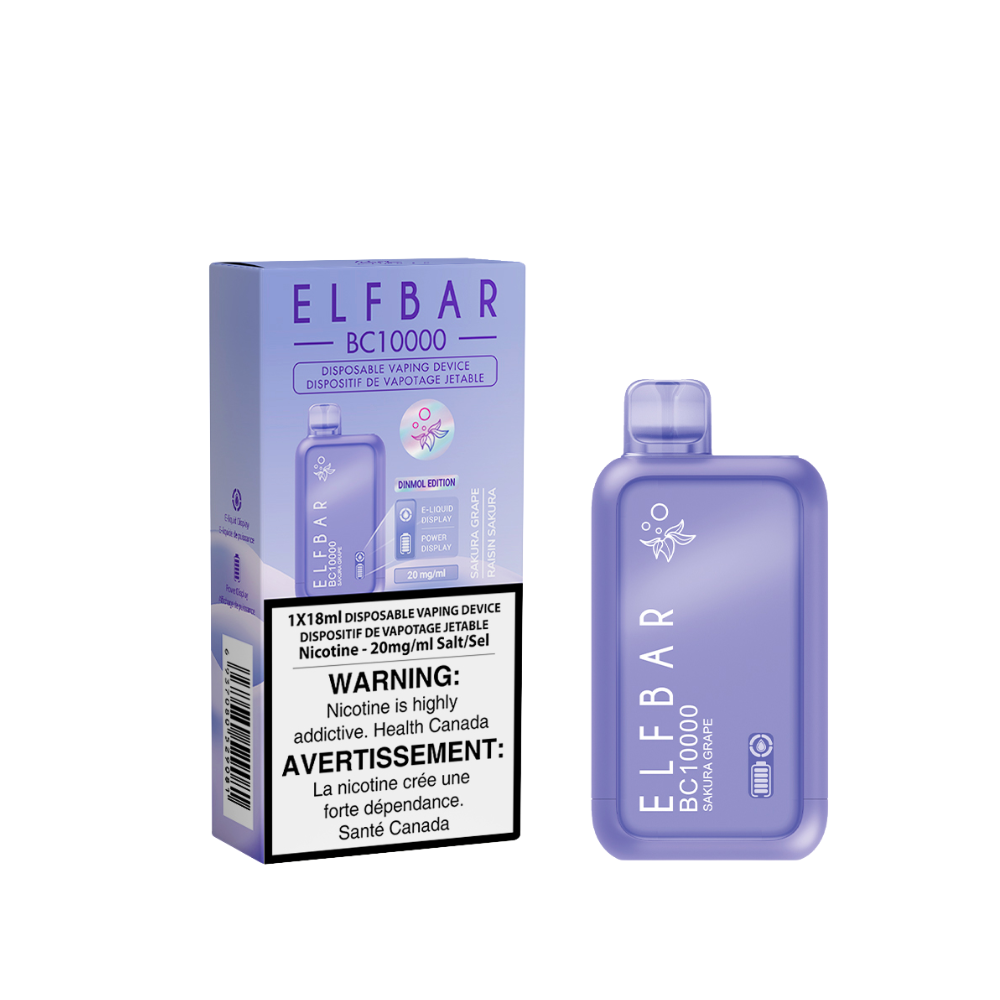 Purple ELFBAR BC10000 vape device with box and warning label on a white background